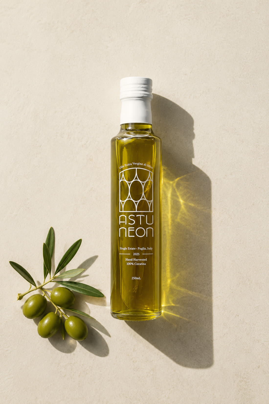 Flat-lay of the Discovery bottle among olive branches